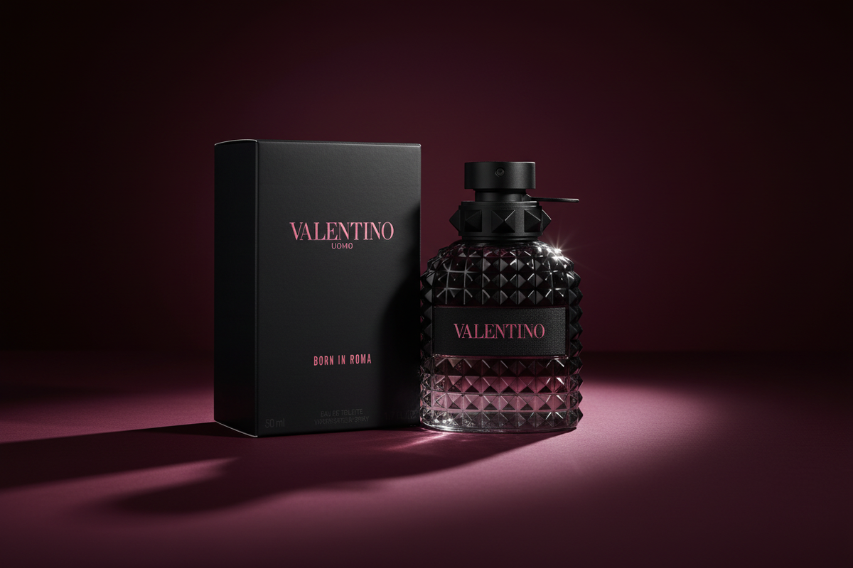 Valentino Uomo Born in Roma on Burgundy Background